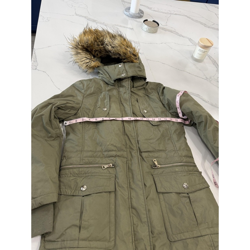 Sam Edelman Jacket Womens Small Green Hooded Parka Coat Faux Fur Trim Puffer - Picture 6 of 14